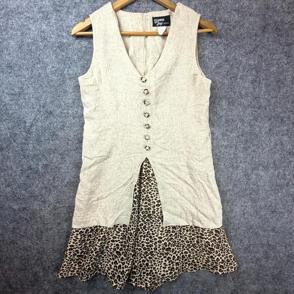 Vintage Dawn Joy Fashions Romper Womens Medium Leopard Linen 90s Earthy Chic - Picture 1 of 6